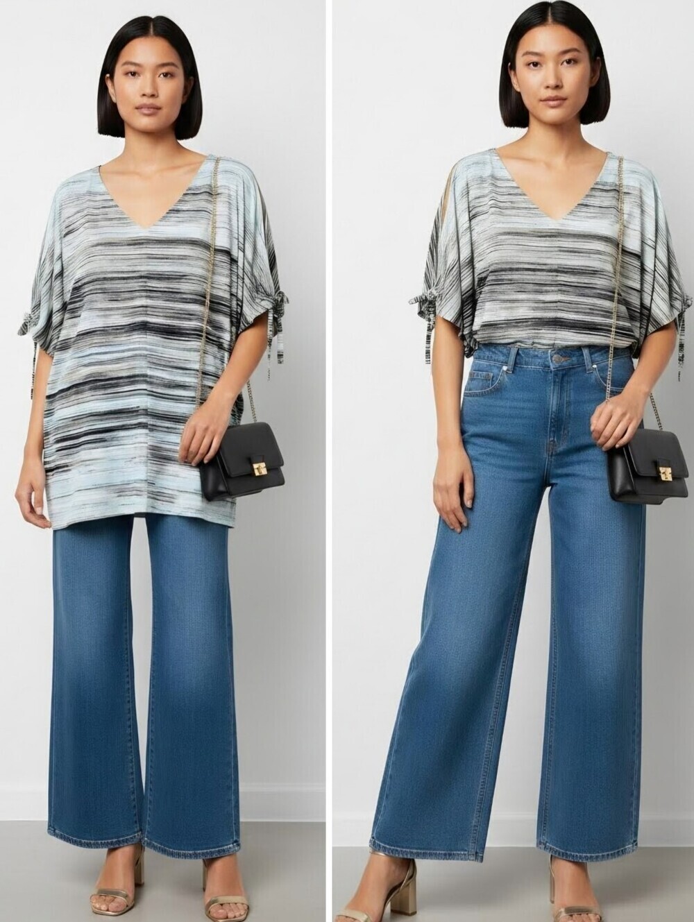 Chico's V-Neck Striped Cold Shoulder Oversized Dolman Sleeve Blouse Top